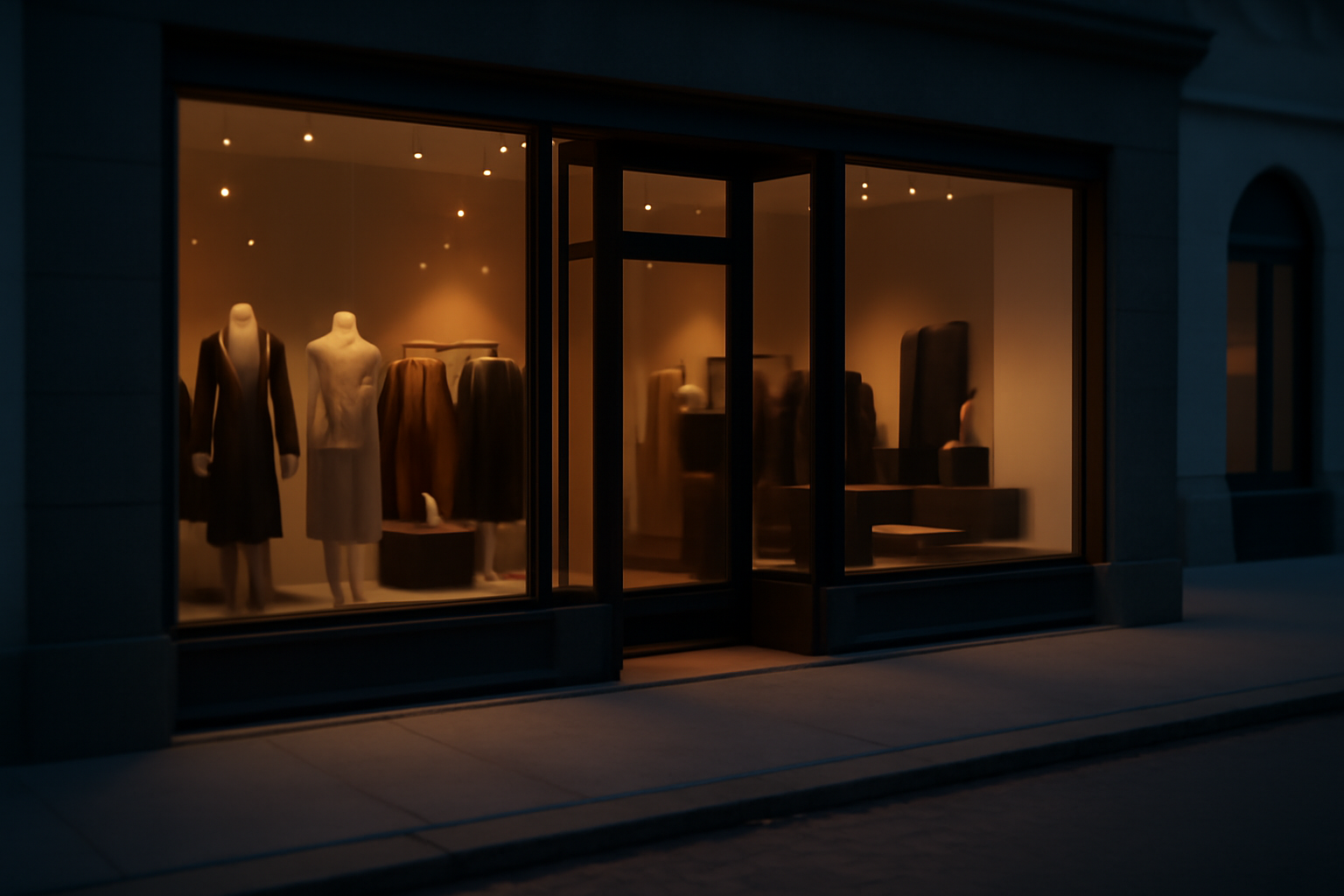 Empty luxury boutique storefront at dusk with soft interior lighting and no visible shoppers